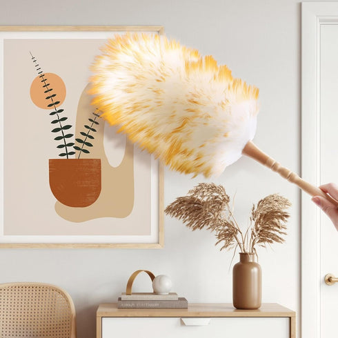 Lambswool Duster,with Solid Wooden Handle,Leather Hang Strap,Flexible Head, Comfortable Grips 19.6 inchs Long Natural Feathers Duster for Cleaning...
