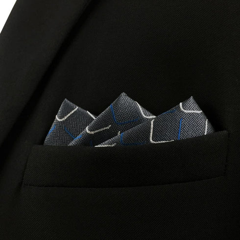 SHLAX&WING Geometric Mens Silk Pocket Square Dark Gray Blue for Suit Jacket Gift...