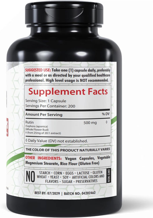 Rutin 500mg | 200 Capsules | Rutoside Bioflavonoid | Circulatory Health | Non-GMO | Vegetarian | Made in The USA...