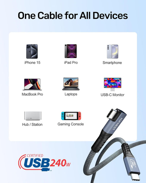 Certified USB4 Cable Right Angle 6ft (40Gbps, 240W, 8K Video), Compatible with Thunderbolt 4 USB C to USB C for MacBook, iPad Pro, iPhone 15, Dock...