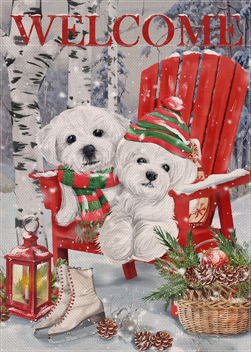Home Decorative Welcome Winter Bichon Frise Dogs Red Chair Garden Flag, Puppy Pinecone House Yard Ice Skates White Birch Trees Outside Decoration,...