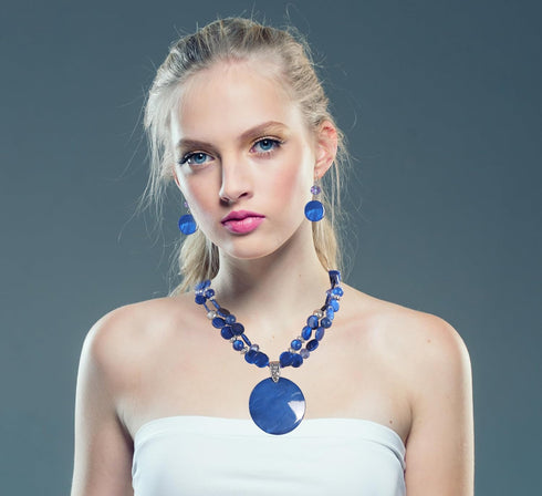 Layered Beads Statement Fashion Necklace Chunky Jewelry Set Big Colorful Glass Stone Circle Shell Pendant Choker Necklace and Earring Set for Wome...