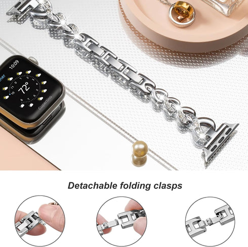 Dainty Heart Bands for Apple Watch 38mm 40mm 41mm 42mm, Bling Metal Strap for Women, Elegant Dressy Bracelet for iWatch Series 10/9/8/7/6/5/4/3/2/...