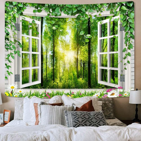 Forest Nature Landscape Tapestry, Summer Lush Plant Tree Window Wall Art Tapestries, Flower Sunflower Vine Tapestry Wall Hanging for Bedroom Livin...