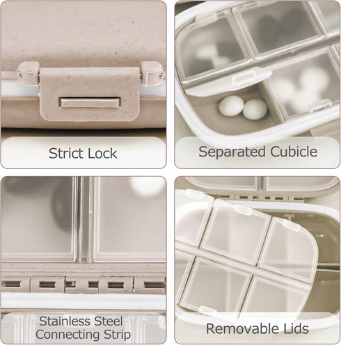 1Pack Travel Pill Organizer, 8 Compartments Portable Pill Case, Small Pill Box for Pocket Purse Portable Medicine Vitamin Container Beige...