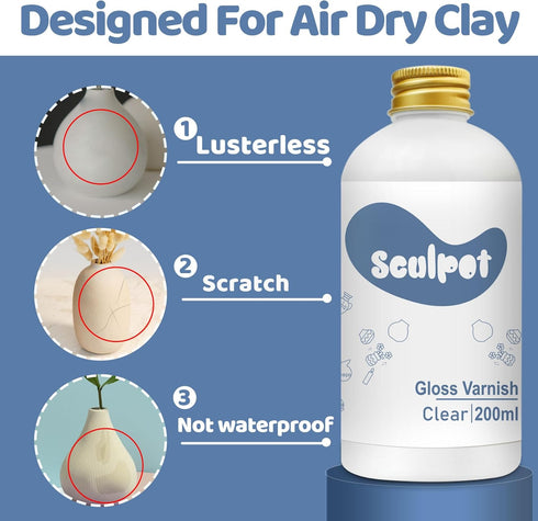 200ml Air Dry Clay Glaze, Gloss Varnish for Air Drying Clay, Air Dry Clay Varnish for Pottery and Acrylic Paint, Colourless, Waterproof, Scratch R...