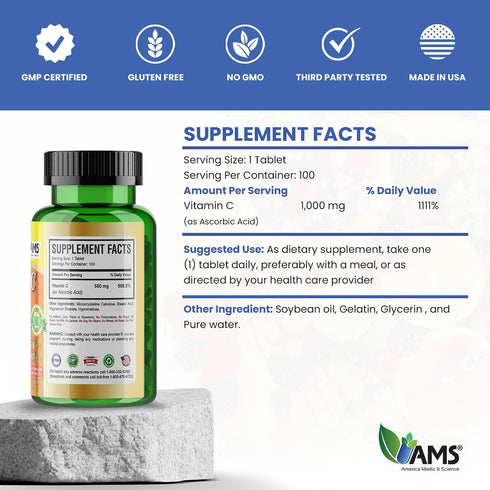 America Medic & Science Rapid-C 500mg Vitamin C Supplement (3 Pack of 100 Tablets) Energy Booster, Daily Immune System Support, Antioxidant | Vega...