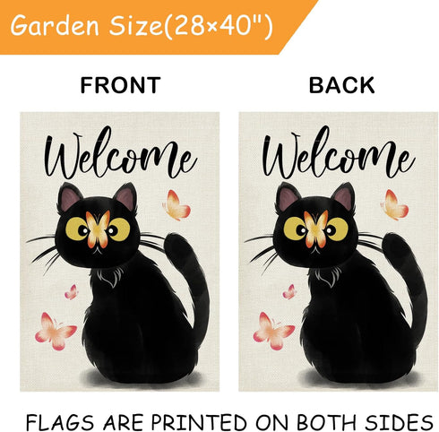 Welcome Black Cat Decorative Garden Flag, Cute Kitten Butterfly Home Yard Outdoor Decor Cat Lover Gifts, Spring Summer Seasonal Small Outside Deco...