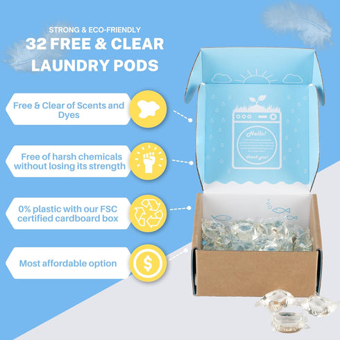 Free And Clear Eco Friendly Unscented Laundry Detergent Pods, 32 Pacs, Powerful Stain And Odor Removal, Biodegradable and HE Compatible...