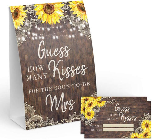 Your Main Event Prints Sunflower Guess How Many Kisses Game Sign and Cards - Perfect for Bridal Showers and Weddings - 1 Self-Standing Sign and 50...