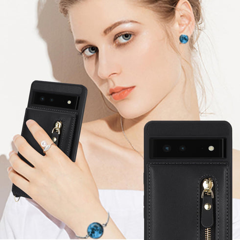 for Google Pixel 6 Case with Card Holder for Women,Pixel 6 Phone Case Wallet with Strap Credit Card Slots Crossbody with Kickstand Zipper Shockpro...
