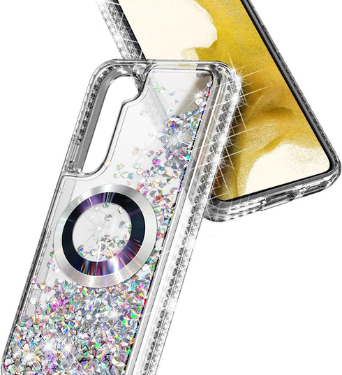 Designed for Samsung Galaxy S23 Magnetic Case for MagSafe with Tempered Glass Screen Protector, Camera Lens Protector/Wrist Strap Lanyard, Glitter...