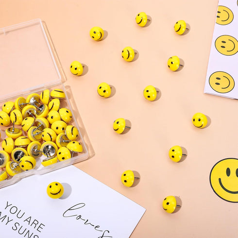 Whaline 50Pcs Resin Happy Face Push Pins Smile Face Decorative Thumb Tacks Cute Yellow Cork Board Thumbtacks for Bulletin Board Photo Wall Decor O...