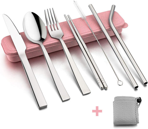 HaWare 9-Piece Portable Travel Silverware Utensils with Case, Stainless Steel Flatware Set for Camping Office School Lunch, Reusable Cutlery Inclu...