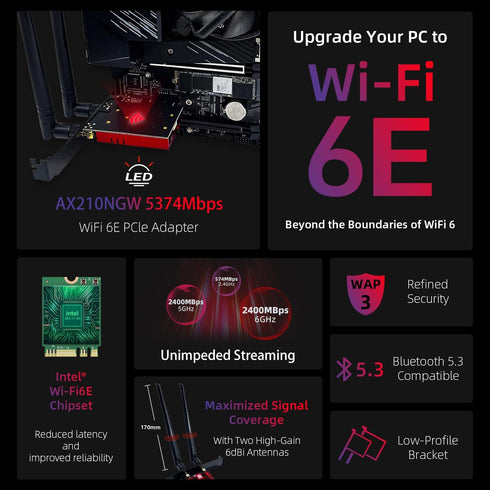 WiFi 6E AXE5400 PCIe WiFi Card Intel AX210 Chipset with Bluetooth 5.3 Adapter Tri-Band 2.4G/5G/6GHz 5374Mbps PCI Express Wireless Network Card for...
