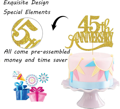 Gold Glitter 45th Anniversary Cake Topper - for Happy 45th Wedding Anniversary / 45th Birthday Party/Cheers to 45 Years Party Decorations...