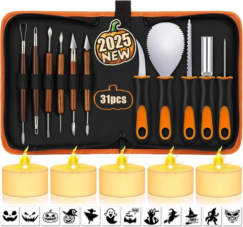 Pumpkin Carving Kit with Stencils: 31 PCS Halloween Pumpkin Carving Tools - Professional Pumpkin Carving Set - Heavy Duty Stainless Steel Jack-O-L...