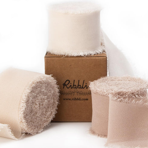 Ribbli Chiffon Ribbon 1.5 inch x 30 Yard Handmade Silk Ribbon,Cream/Champagne/Beige Fringe Chiffon Ribbon for Wedding Invitations, Bridal Bouquets...
