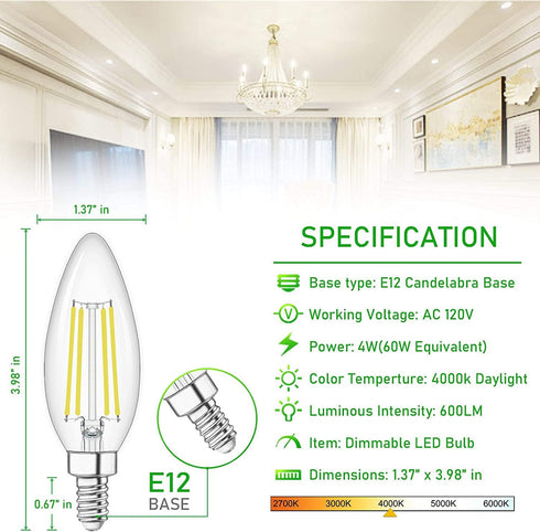 winshine E12 Candelabra LED Bulbs Dimmable 4000K Daylight 60W Equivalent,Type B Light Bulb for Chandelier, C35 Ceiling Fan Light Bulb Clear Glass,...
