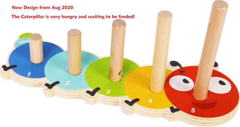 TOWO Wooden Stacking Rings Baby –Lovely Caterpillar Counting Game - Colour Sorting Puzzle - 5 Pegs Ring Stacker - Counting Rings Early Learning Wo...