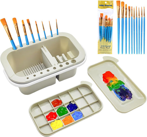 Paint Brush Cleaner,Paint Brush Basin with 10 PCS Paint Brushes,Paint Brush Holder and Organizers with Palette for Acrylic, for Watercolor and Wat...