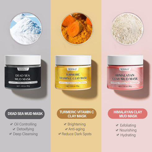 Turmeric Vitamin C Clay Mask, Dead Sea Mud Mask, and Himalayan Clay Mask, Facial Skin Care Set for Deep Pore Cleansing, Reduce Blackheads Acne, Da...