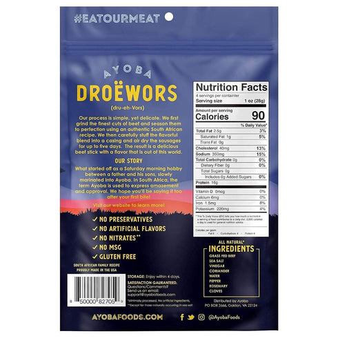 Ayoba Traditional Droewors Grass Fed Beef Paleo Sticks (4 Ounce, Pack of 1) - Keto Friendly, Air-Dried Beef Protein Snacks - Low Carb, Gluten Free...