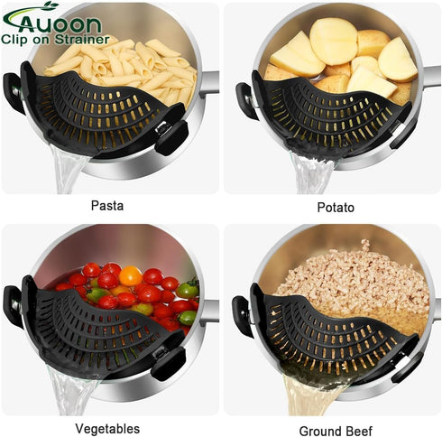 2PACK AUOON Clip on Strainer for All Pots Pans - Silicone Pasta Strainer Kitchen Colander for Draining Noodles Spaghetti Ground Beef Grease?Easy t...