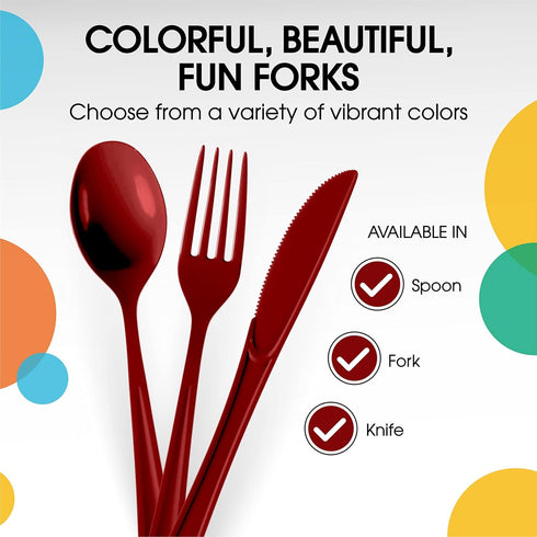 Disposable Burgundy Plastic Forks 50 Pcs - Heavy Duty Burgundy Plastic Disposable Cutlery - Burgundy Disposable Flatware, Burgundy Plastic Silverw...