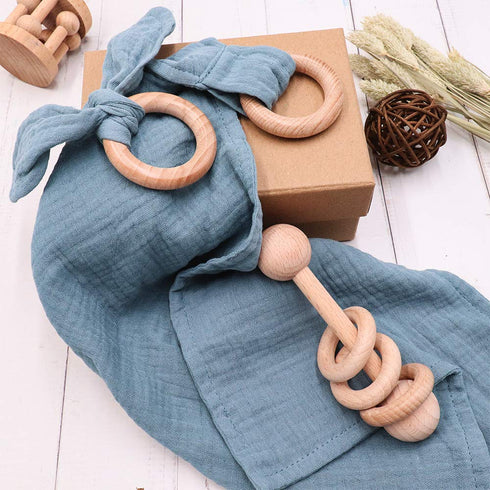 Baby Lovey, Wood Rattle, Teether Ring, 3 Pack Montessori Gift, Navy Blue, Cotton, Double Gauze, Baby Shower, Gender Neutral Gift...
