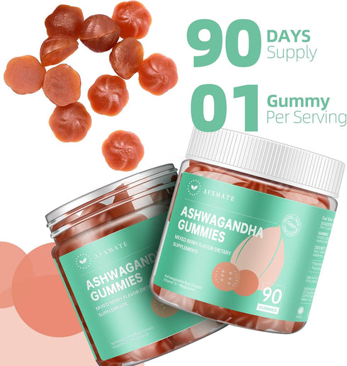 AFXMATE Ashwagandha Gummies for Women w/Magnesium Glycinate Supplement for Adults, Sugar Free Gummies - Vegan, Gluten Free & Gelatin Free Ashwagan...