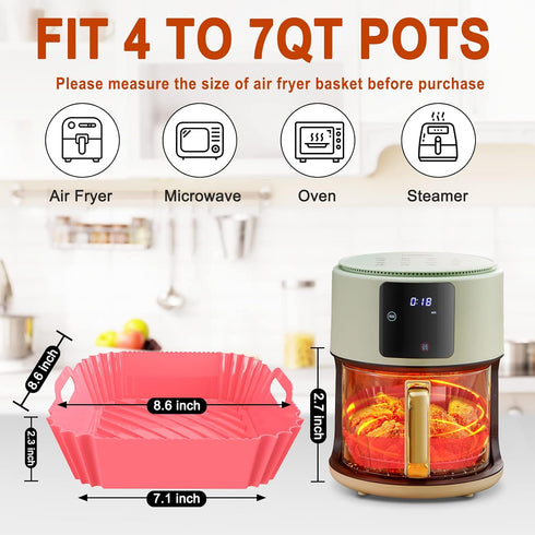 Air Fryer Silicone Liners Square 2 Pack 7.1 Inch Airfryer Liners 4-7 QT Reusable Air Fryer Liners Silicone Pot Oven Liner Baking Tray, Air Fryer B...