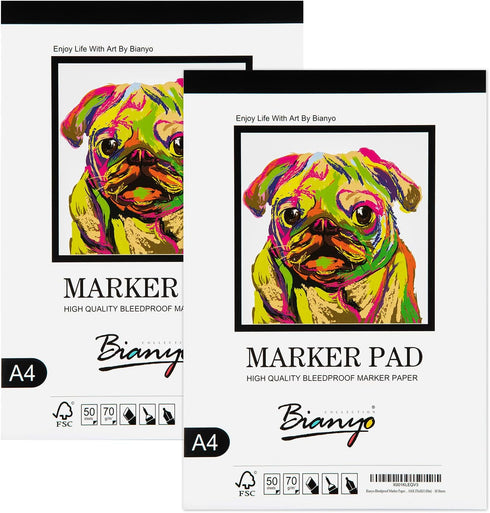 Bianyo Bleedproof Marker Paper Pad, A4(8.27"X11.69"), 50 Sheets/Pad, Pack of 2 Pads, 18 LB / 70 GSM, Glue-Bound, 100% Cotton, White, Ideal for Use...