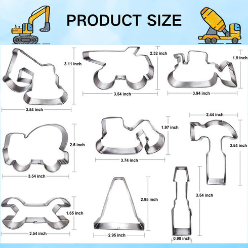 Construction Cookie Cutter Set-3 Inches-9 Piece- Excavator Digger Bulldozer Dump Truck Hammer Wrench Construction Tools Cutters Molds for Kids Con...