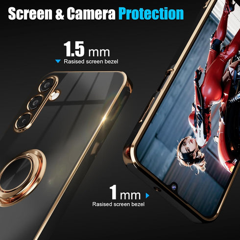 for Galaxy A15 5G Phone Case,+Screen Protector,with Magnetic Kickstand,Built-in 360° Rotation Ring Holder,Plating Gold Edge Slim Soft TPU Shockpro...