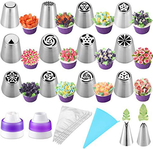 Suuker 27 Pcs Russian Piping Tips Set, Cake Decorating Tips Baking Supplies for Cupcake Cookies Birthday Party (12 Icing Tips 10 Pastry Baking Bag...