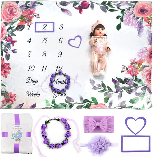 SPOKKI 6 PCS Baby Monthly Milestone Blanket Girl, 60''x40''Fleece Monthly Blanket Newborn with Headband for Photography Background Prop and Mom Nu...