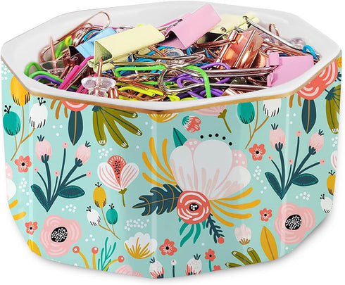 Ceramic Paper Clip Holder Gold Line Paper Clip Dispenser Organizer for Desk Cute Floral Pattern Office Binder Clip Holder Bobby Pin and Hair Clip ...
