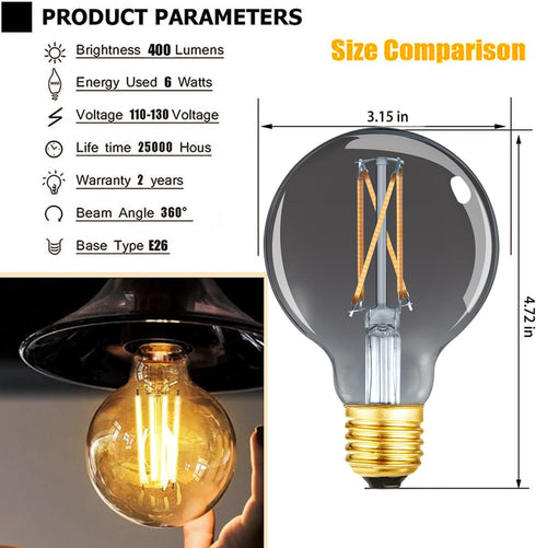 LEOOLS Dimmable LED Decorative G25 Globe Bulbs 6W,2700K Warm White,40 watt Equivalent Edison Bulb E26 Medium Base,Smoky Grey Glass,Flick-Free,CRI9...