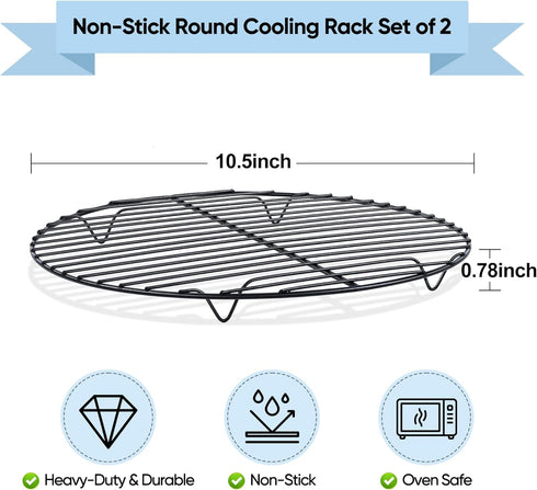 TeamFar 10.5 Inch Non-Stick Cooling Rack, Round Coated Stainless Steel Cooking Wire Rack Set of 2, for Baking/Roasting/Steaming/Cooling, Healthy &...