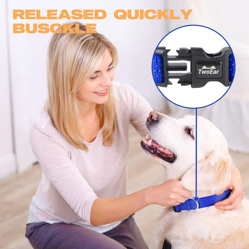 TwoEar Heavy Duty Dog Collar Reflective, Adjustable Nylon Pet Collar with Durable Buckle for Medium Breeds Dog?M, Blue?...