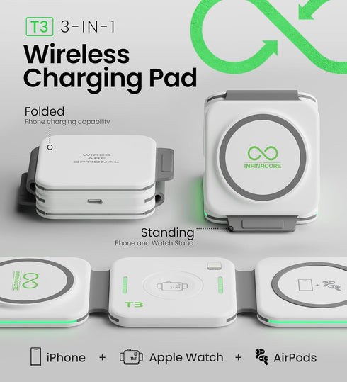 InfinaCore T3 Tri-Charge Wireless Charging Pad - 3-in-1 Charging Station Compatible with iPhone, AirPods & Watch - Fast Charging Up to 25W - Compa...