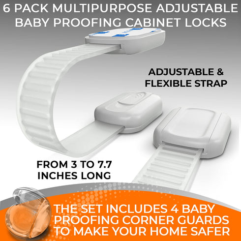 Baby Safety Cabinet Locks (6 Pack + 4 Guards) 3M Adhesive Child Proofing Latches, to Baby Proof Cupboard, Drawers, Fridge, Toilet Seat, Dishwasher...