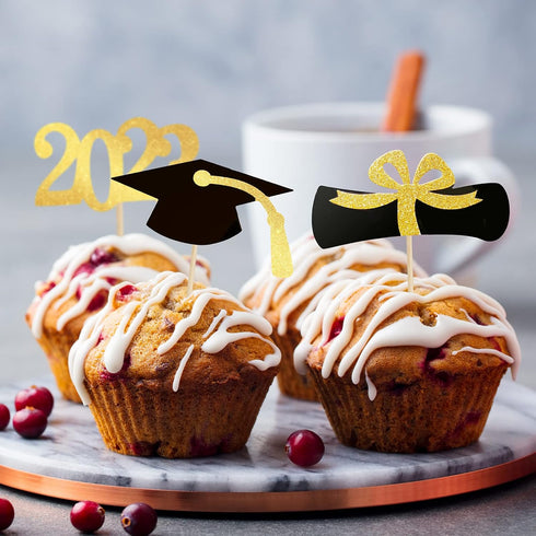 48 PCS Graduation Cupcake Toppers - 2023 Graduation Decoration, Glitter Class of 2023 Food Appetizer Picks, Graduation Theme Party Supplies Gold M...