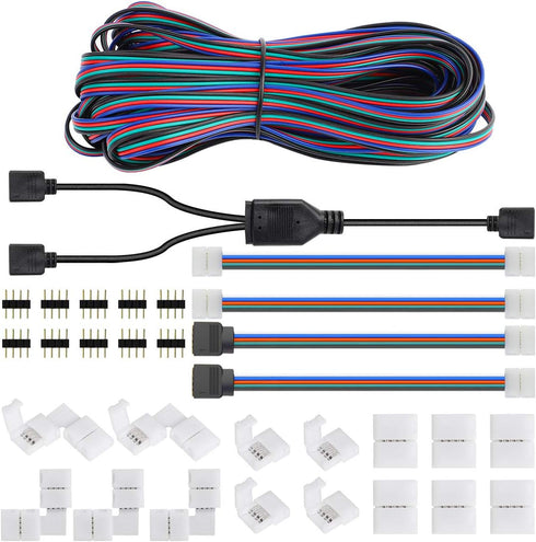 SUPERNIGHT 3528 2835 4 Pin 8mm LED Strip Connector, RGB Rope Lights Connector Kit, Gapless Solderless Clip, 32.8ft Extension Wire Cable, L Shape P...