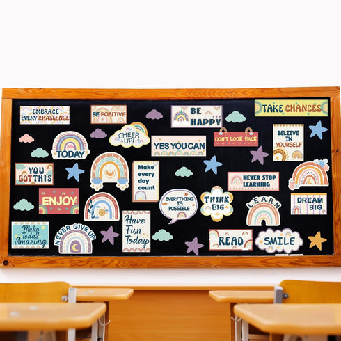 34 PCS Boho Rainbow Classroom Bulletin Board Set Inspiration Classroom Decor for Teachers Growth Mindset Posters Positive Motivational Cutouts for...