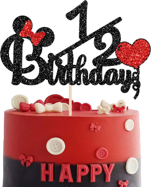 Happy 1/2 Birthday Cake Topper, Black and Red Glitter Mouse Theme Baby Shower Sign, Carton Theme Cake Decoration, 6 Months Birthday Party Supplies...