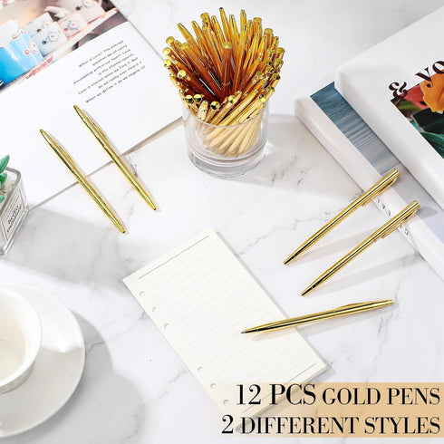 12 Pack Gold Pens Bulk Gold Metallic Pens Slim Ballpoint Pens Retractable Christmas Ballpoint Pen with Black Ink Metal Pens Mini Conical Pens for ...