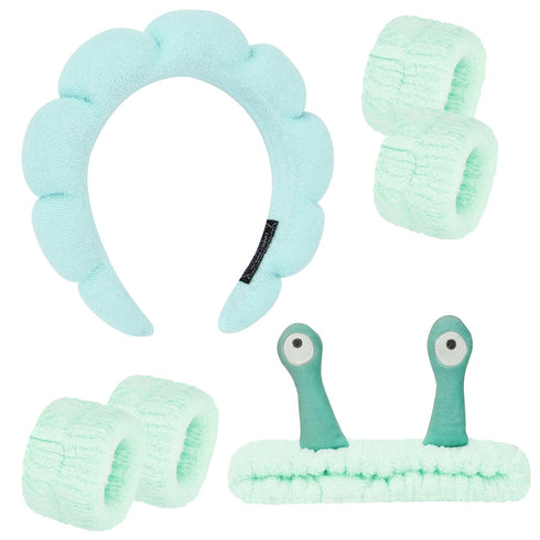 6Pcs Green Spa Headbands and Wrist Washbands Set, Skincare Headbands Snail Face Wash Headband Makeup Headband, Terry Cloth Headbands Face Towel Wr...
