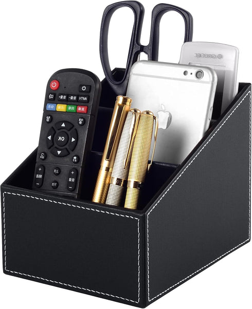 Fashionable PU Leather TV Remote Control Holder with 3 Compartments, Storage Rack, Storage Box, Media Accessory Storage, Desk Organizers (black)...